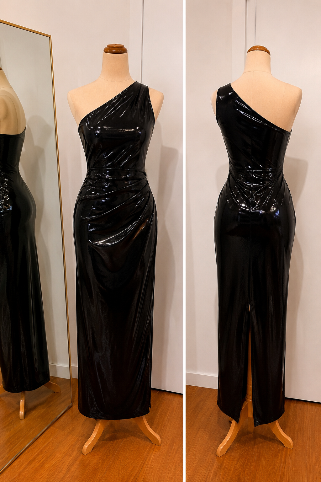 Emerald satin evening gown draped on a mannequin
