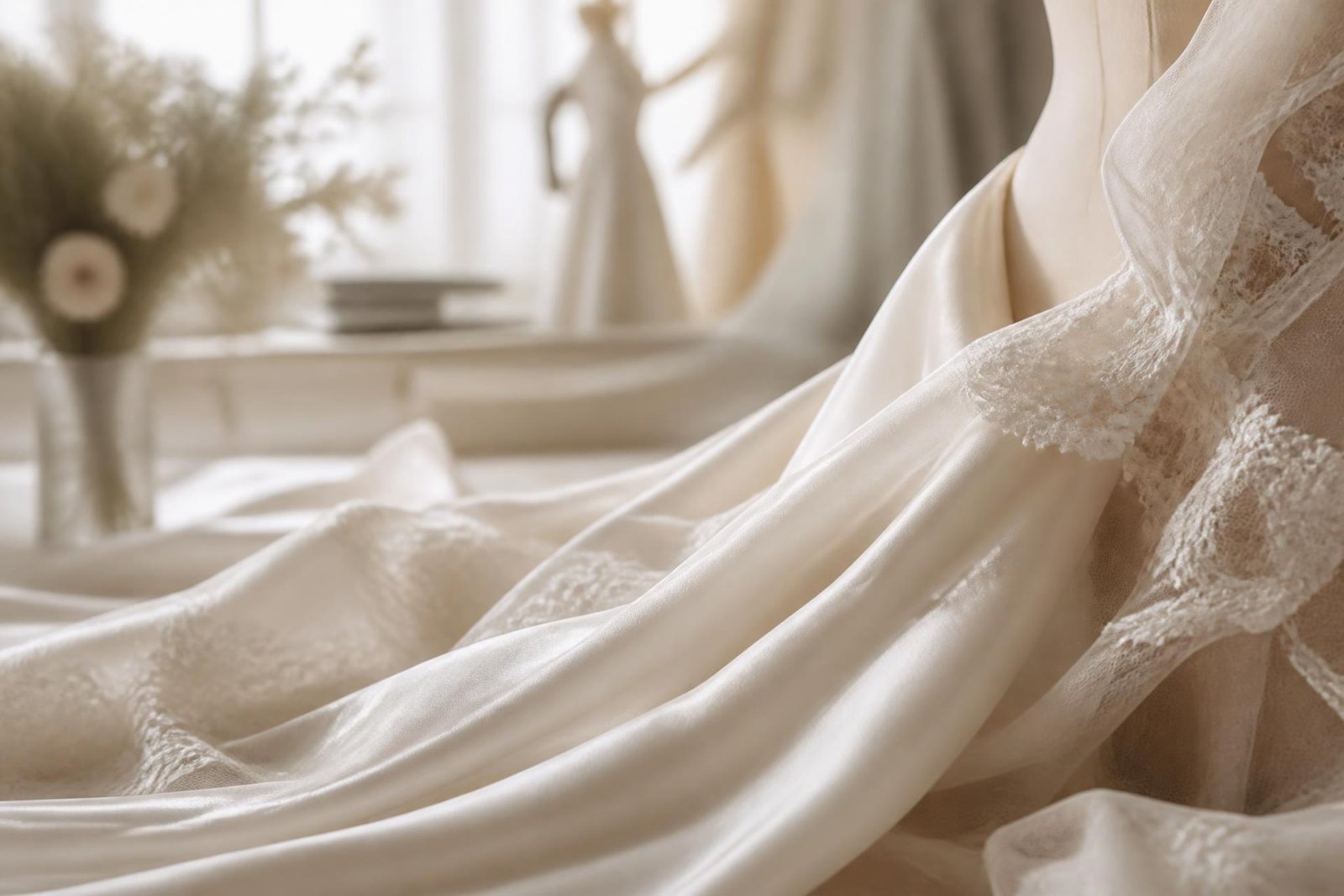 Ivory silk and lace draped in a quiet couture atelier